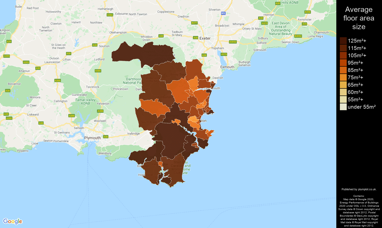 Torquay map of average floor area size of houses