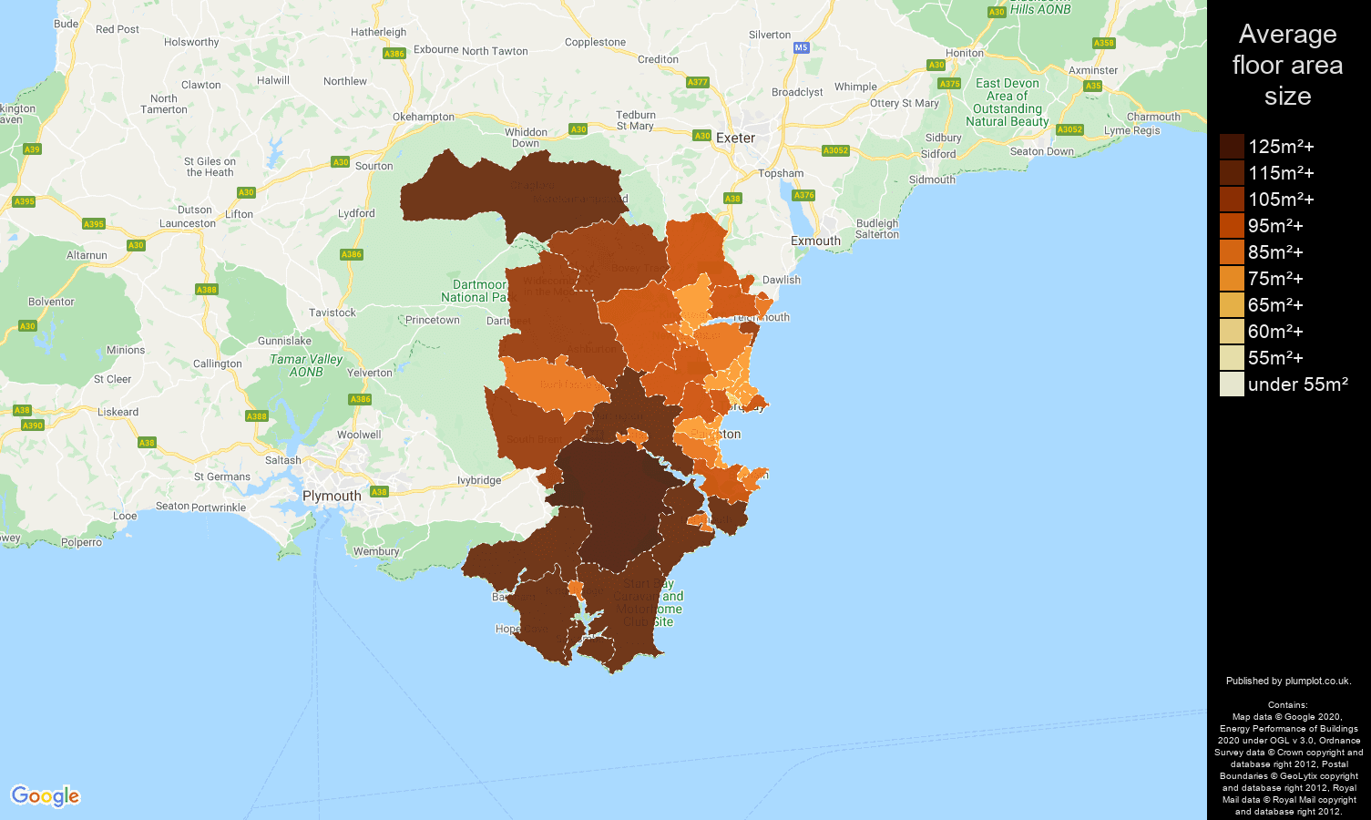 Torquay map of average floor area size of properties