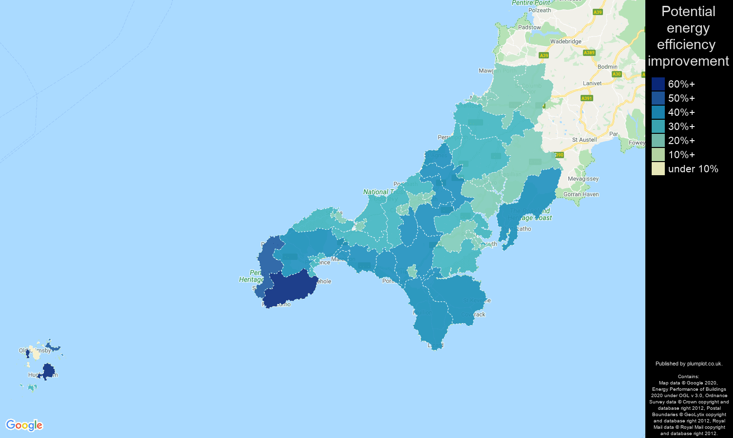 Truro map of potential energy efficiency improvement of houses