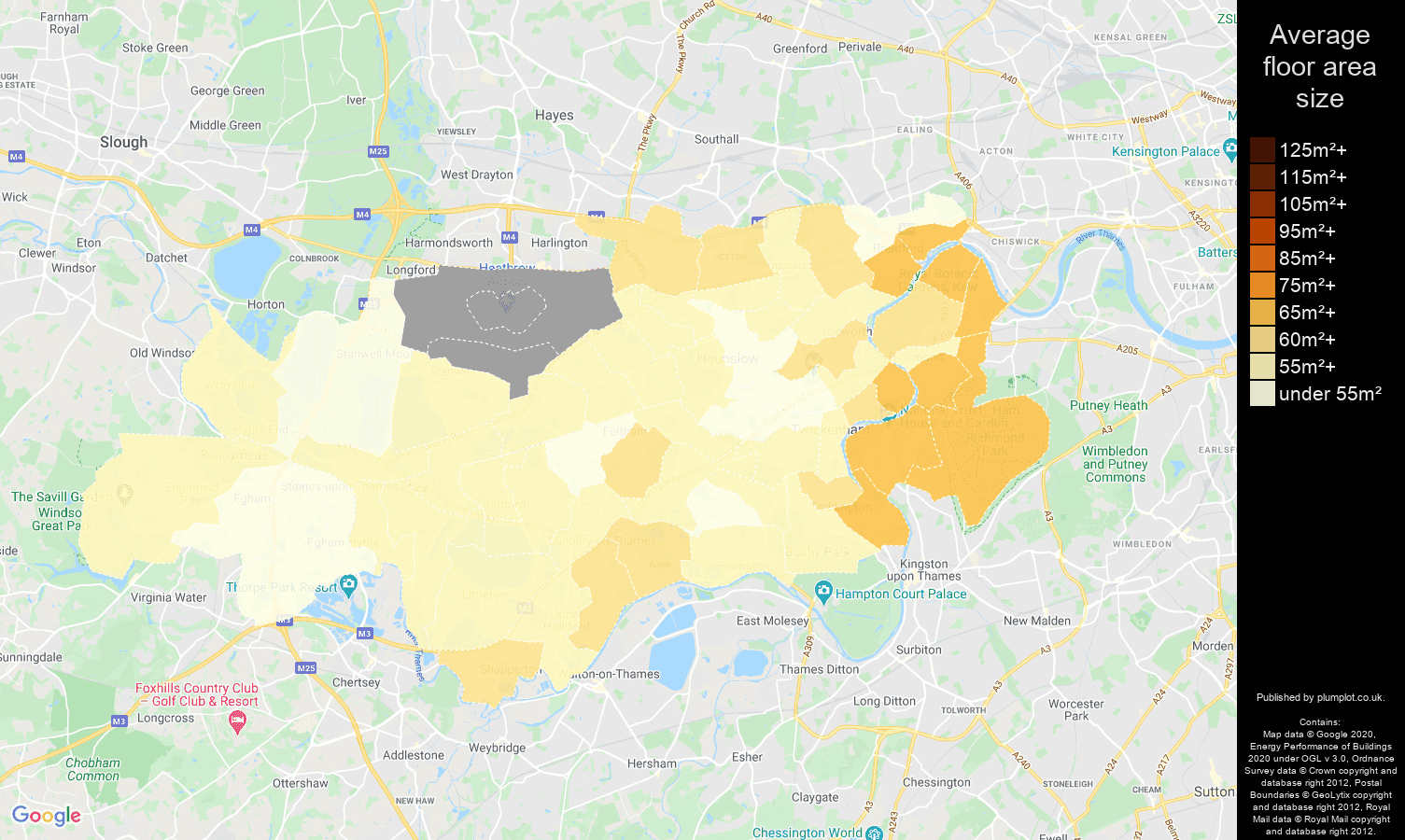 Twickenham map of average floor area size of flats