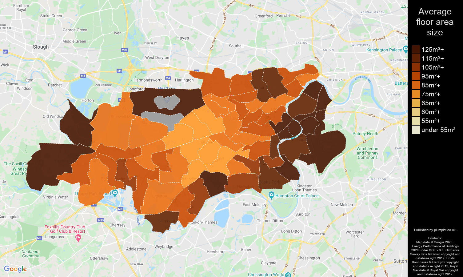 Twickenham map of average floor area size of houses