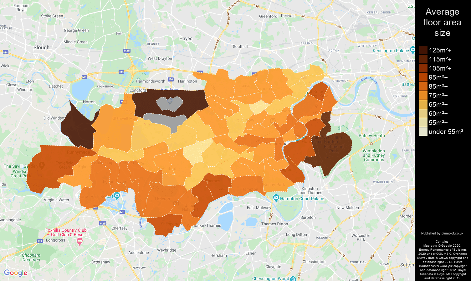 Twickenham map of average floor area size of properties