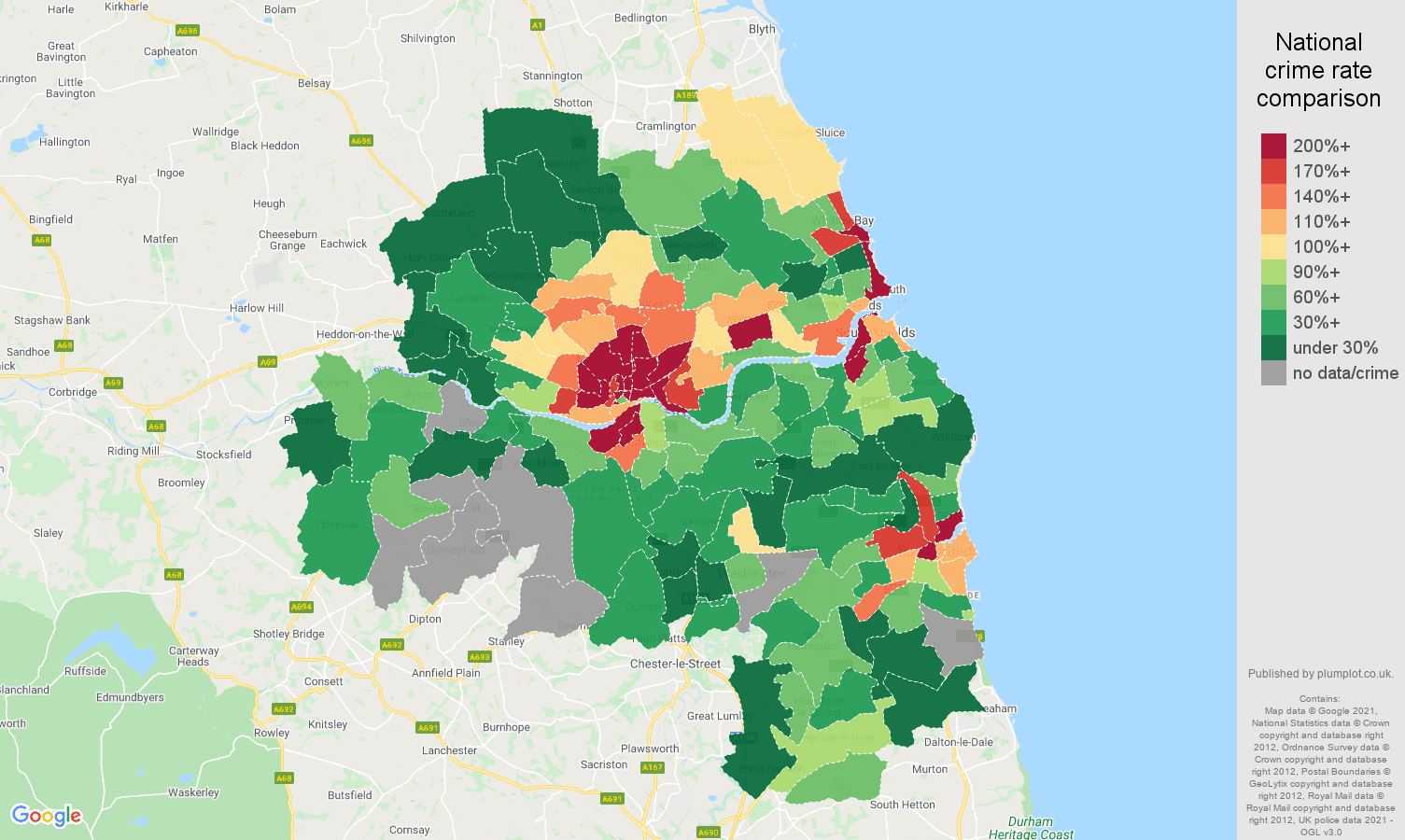 Tyne and Wear bicycle theft crime rate comparison map