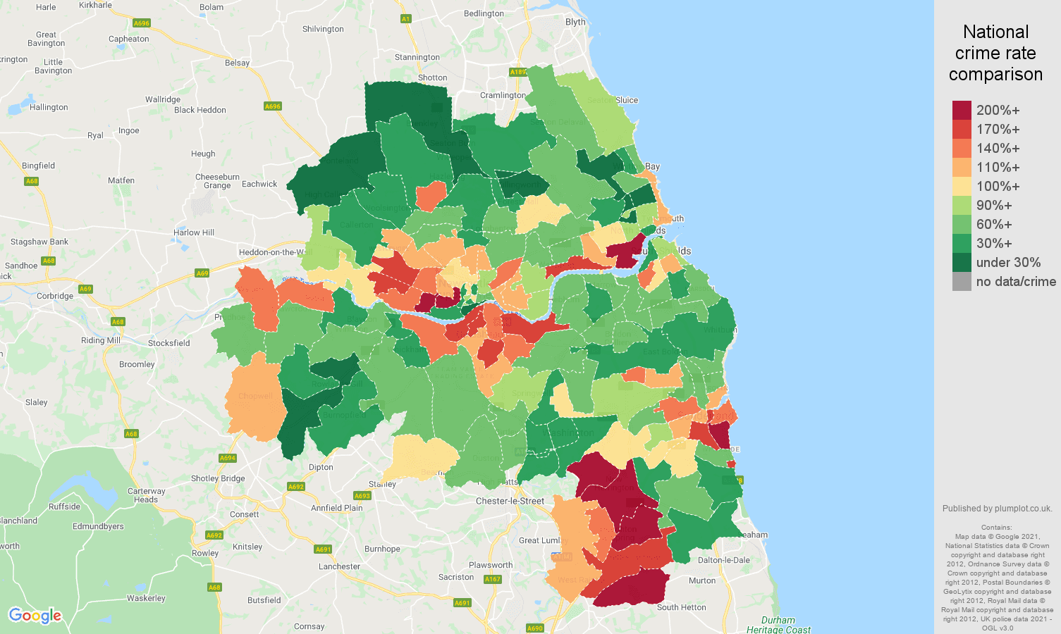 Tyne and Wear burglary crime rate comparison map