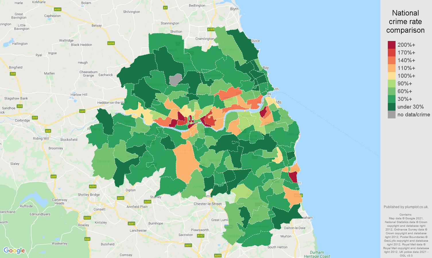 Tyne and Wear drugs crime rate comparison map