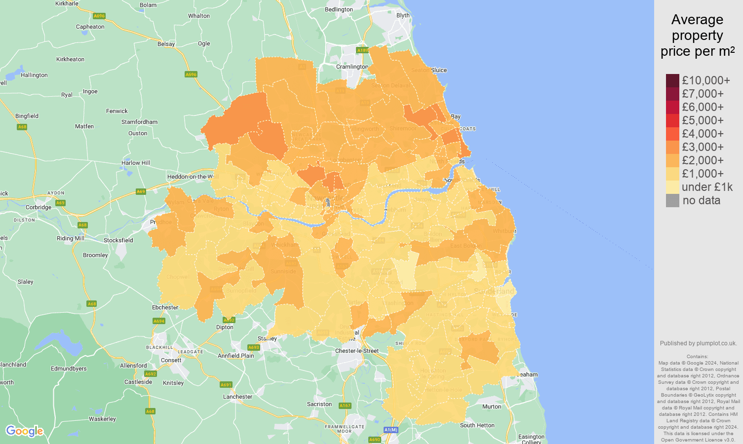 Tyne and Wear house prices per square metre map