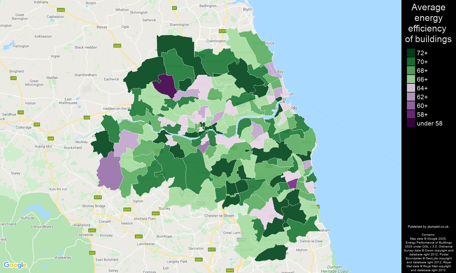 Tyne and Wear map of energy efficiency of flats