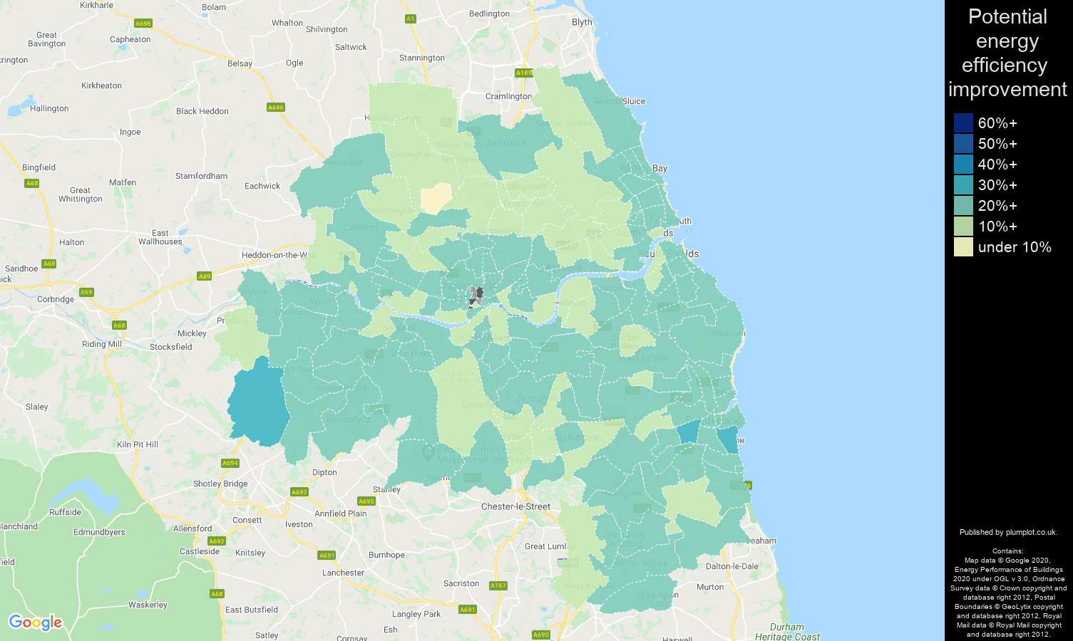 Tyne and Wear map of potential energy efficiency improvement of houses