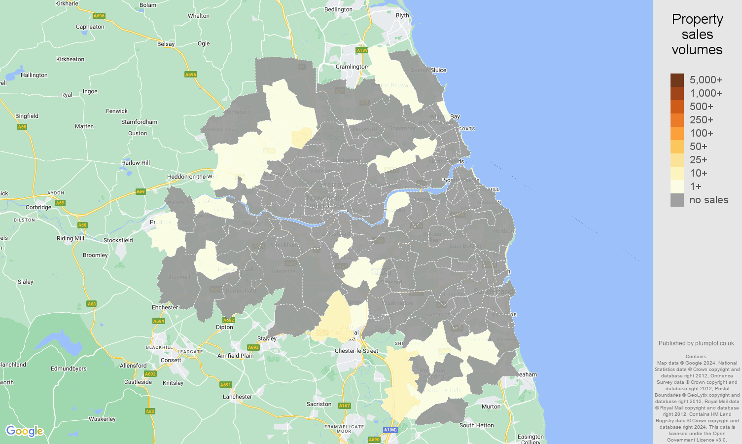 Tyne and Wear map of sales of new properties