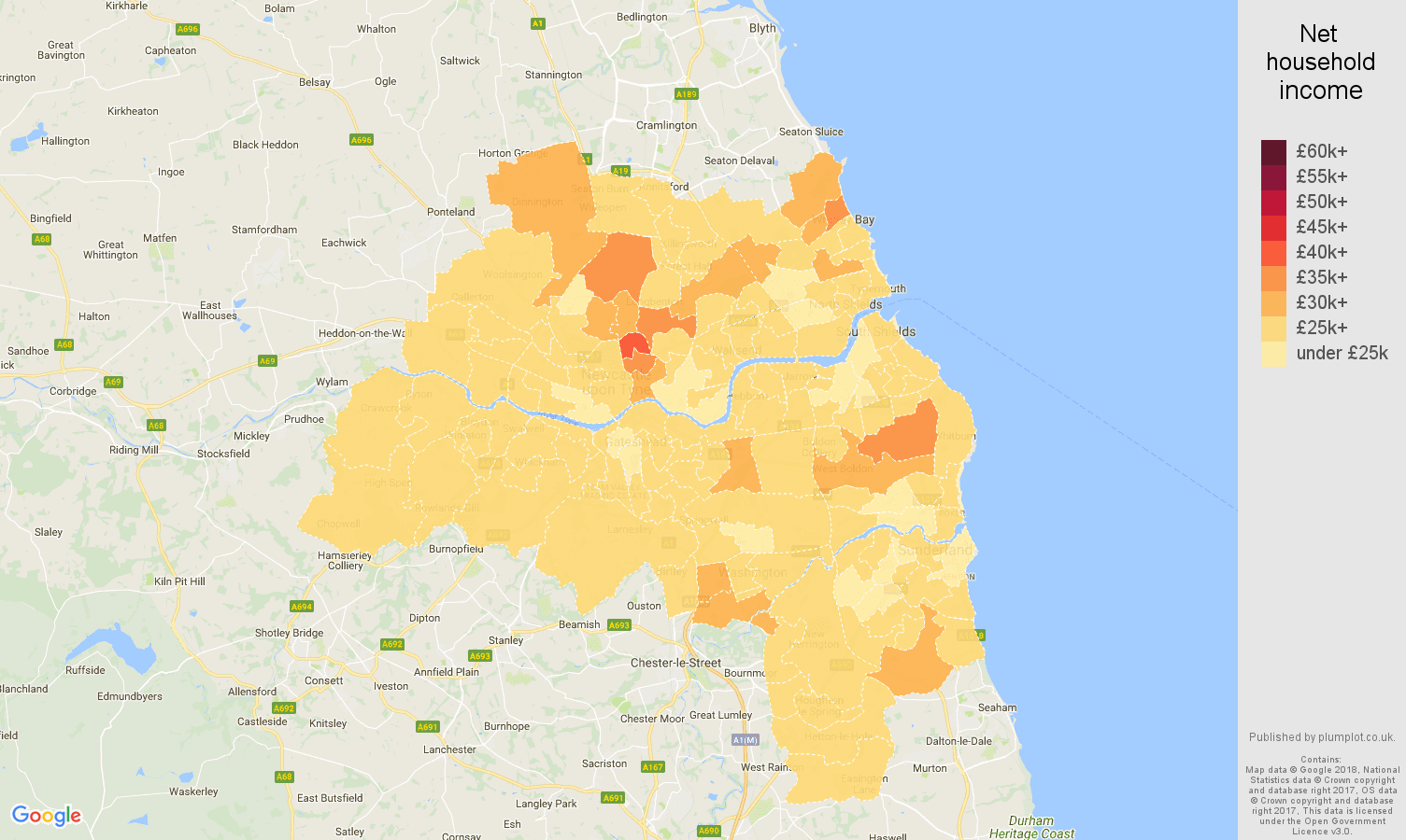 Tyne and Wear net household income map