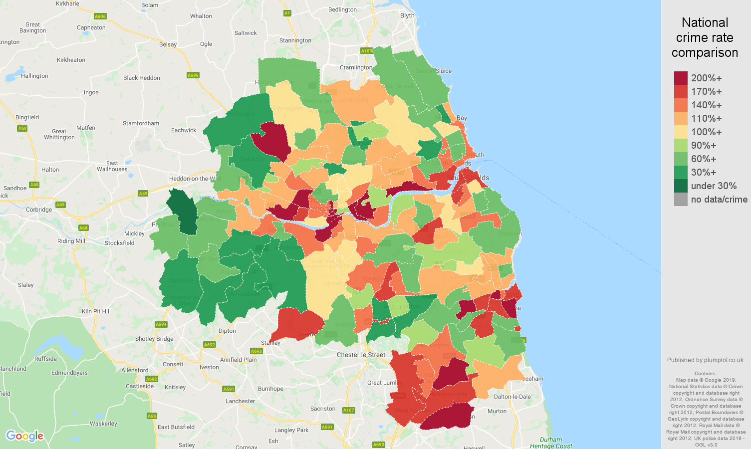 Tyne and Wear other theft crime rate comparison map