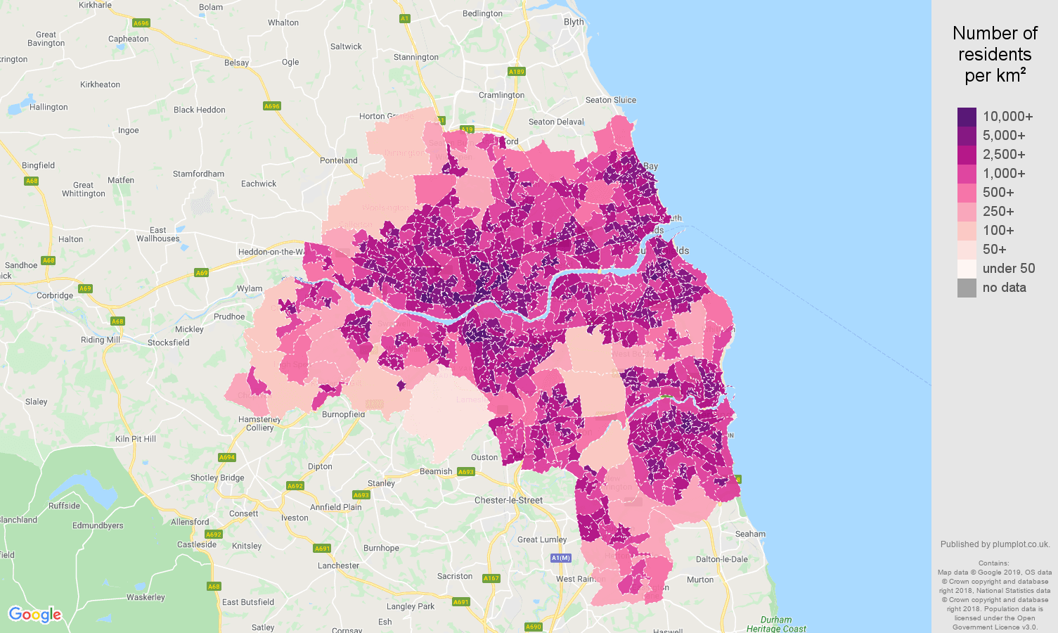 Tyne and Wear population density map