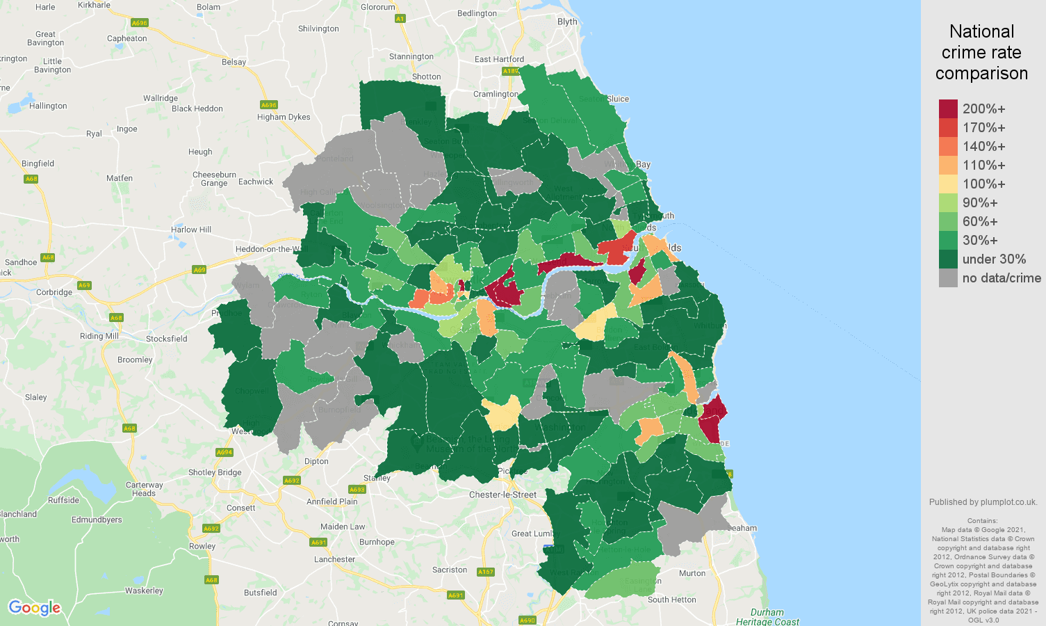 Tyne and Wear robbery crime rate comparison map