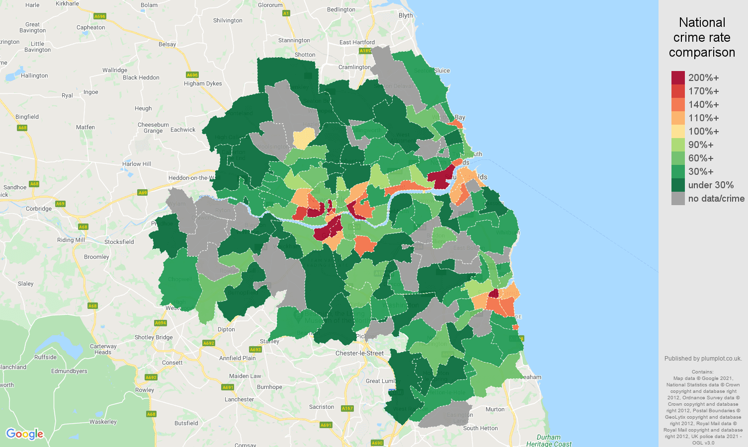 Tyne and Wear theft from the person crime rate comparison map