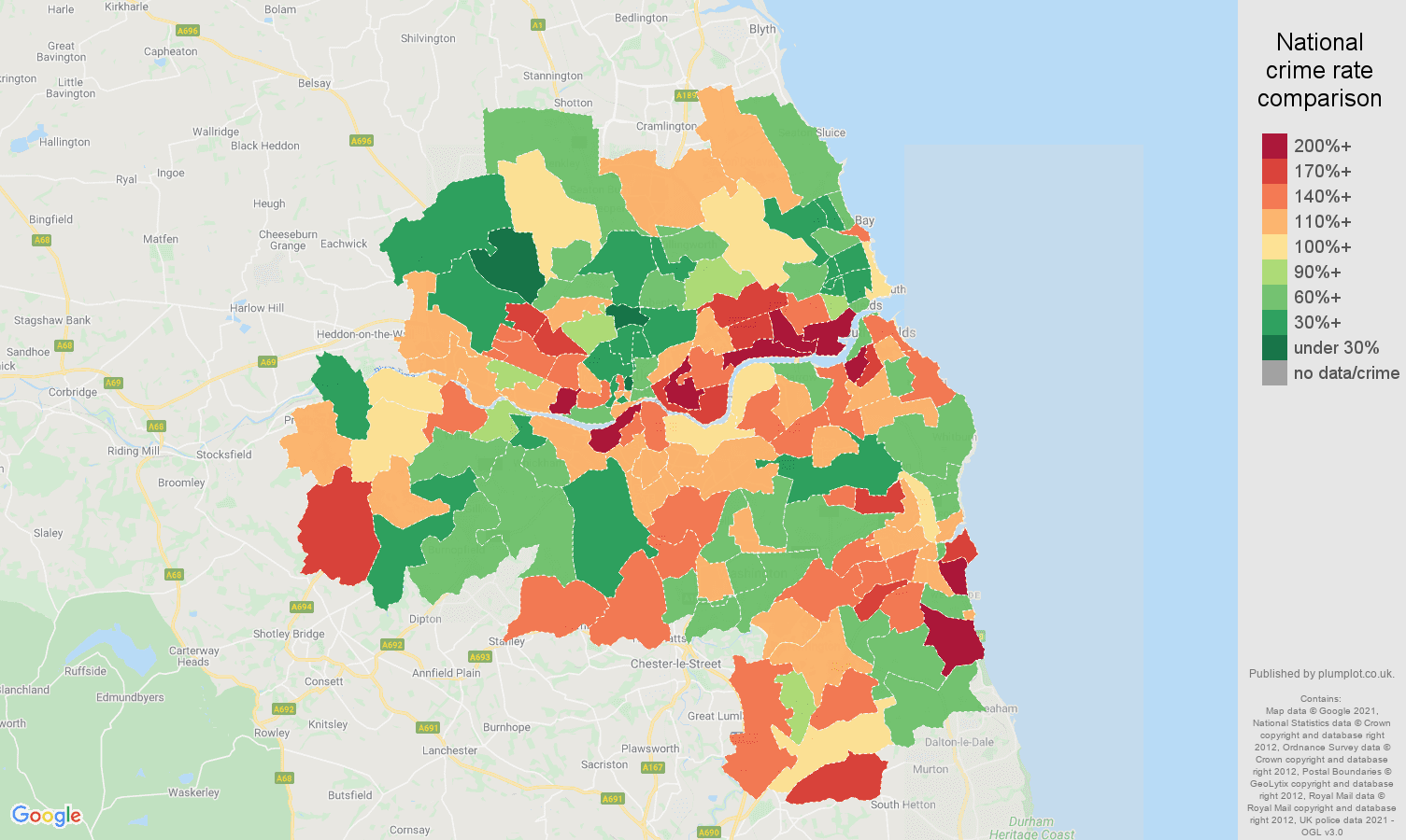 Tyne and Wear violent crime rate comparison map