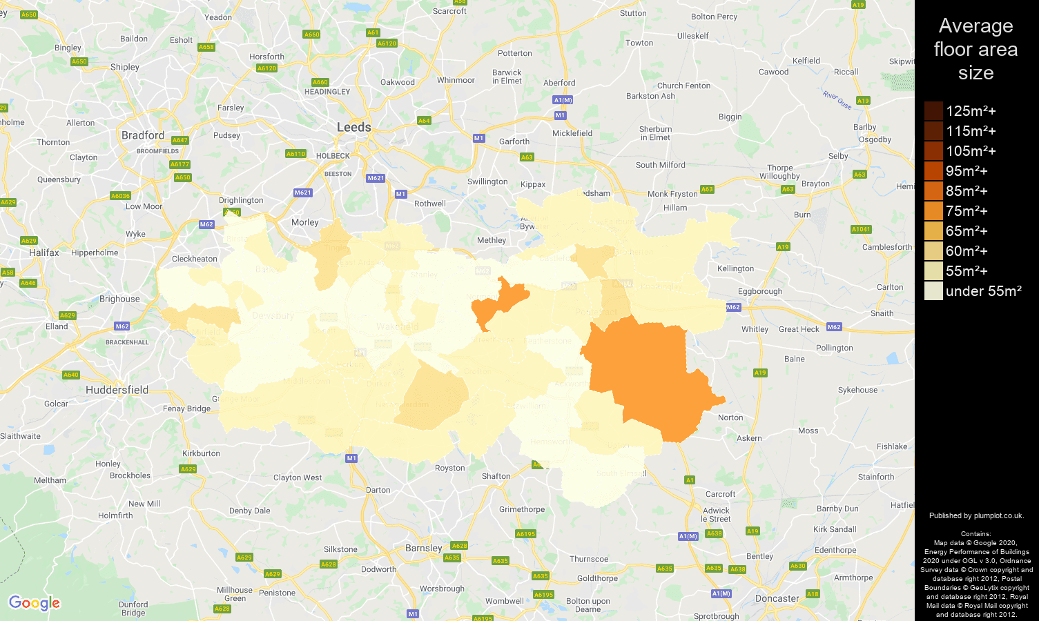 Wakefield map of average floor area size of flats