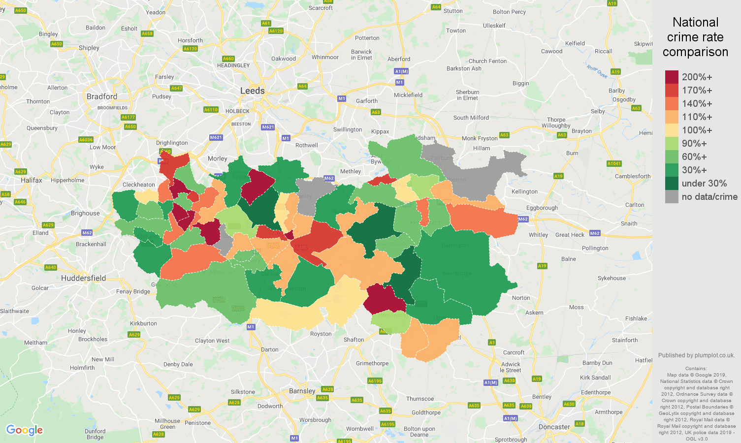 Wakefield possession of weapons crime rate comparison map