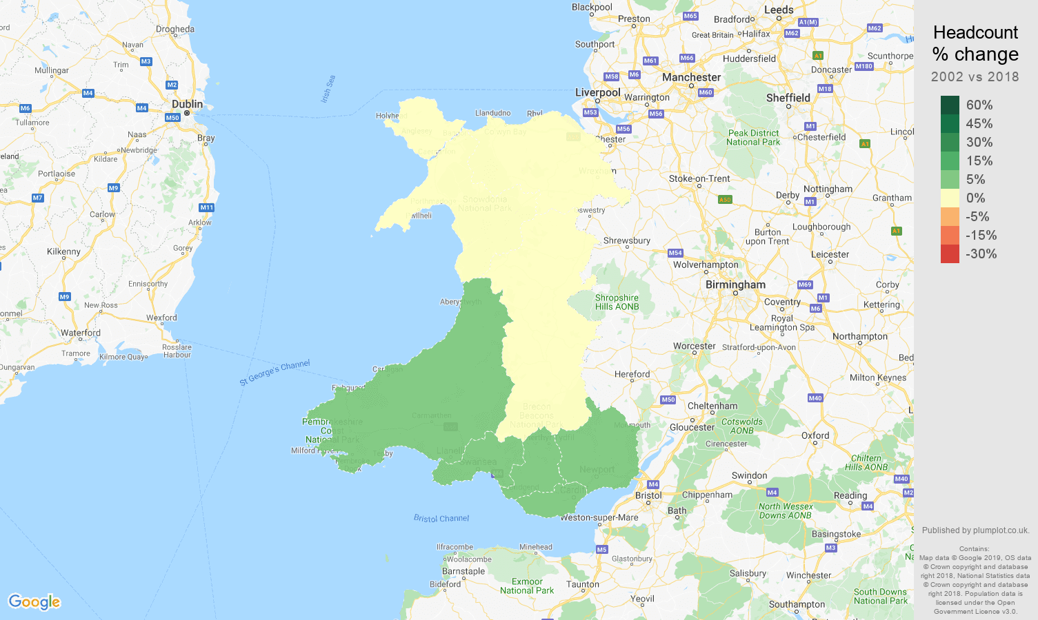Wales headcount change map