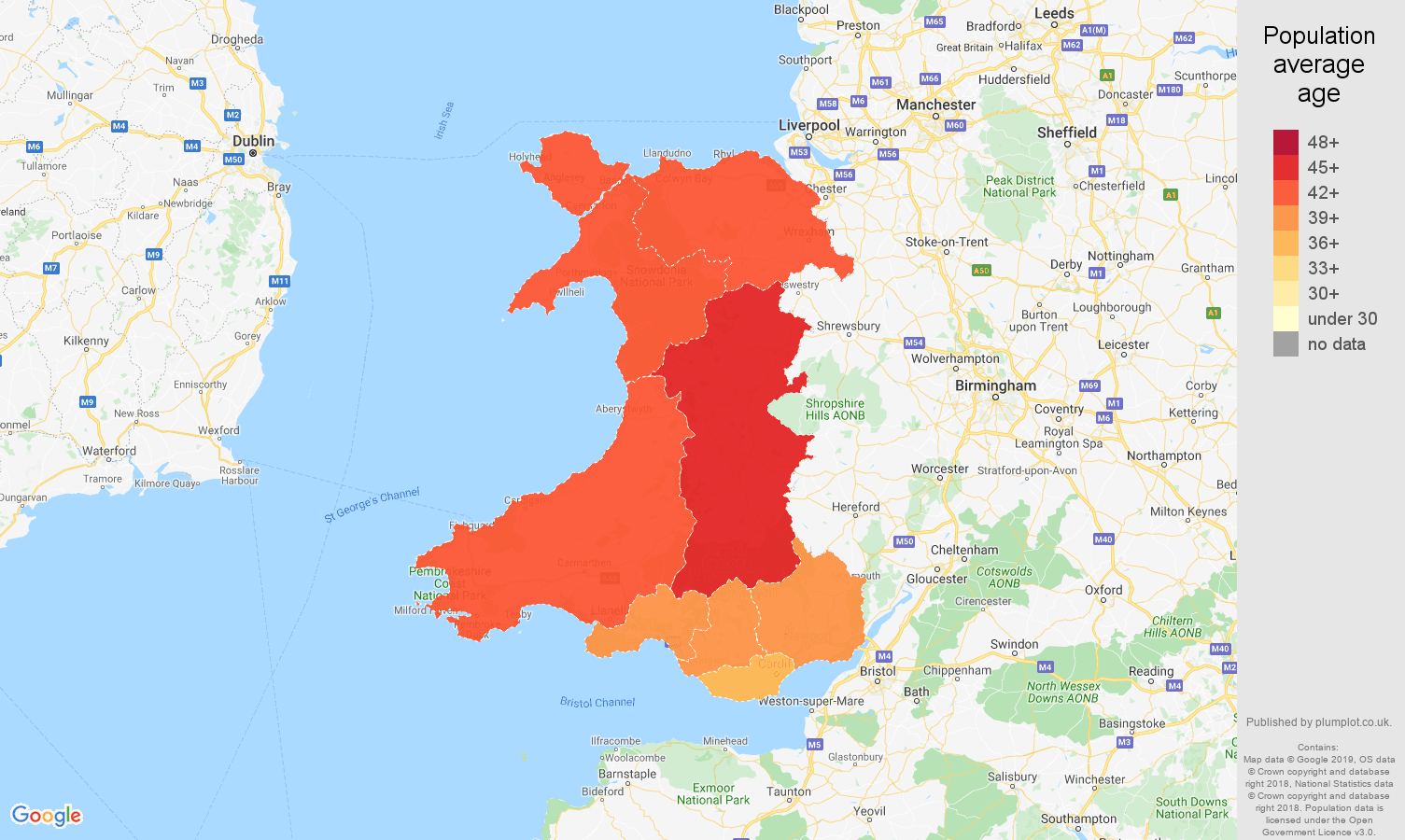 Wales population average age map