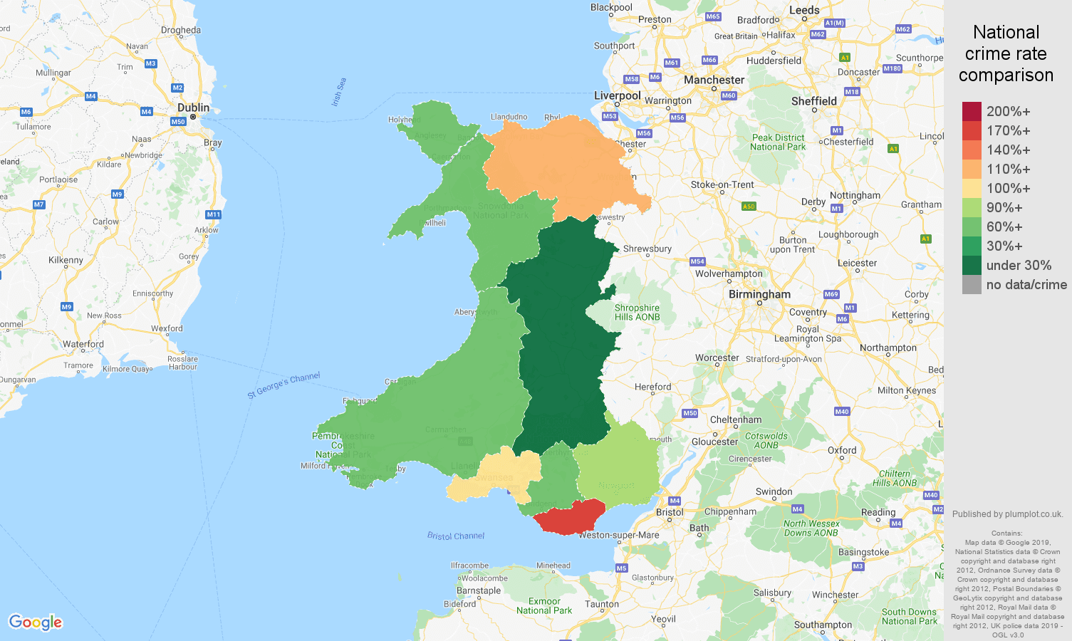 Wales shoplifting crime rate comparison map