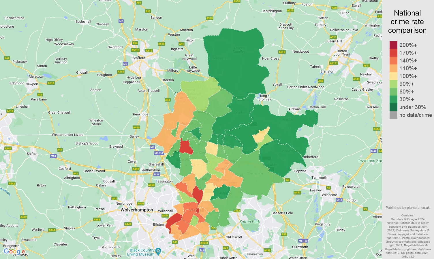 Walsall crime rate comparison map