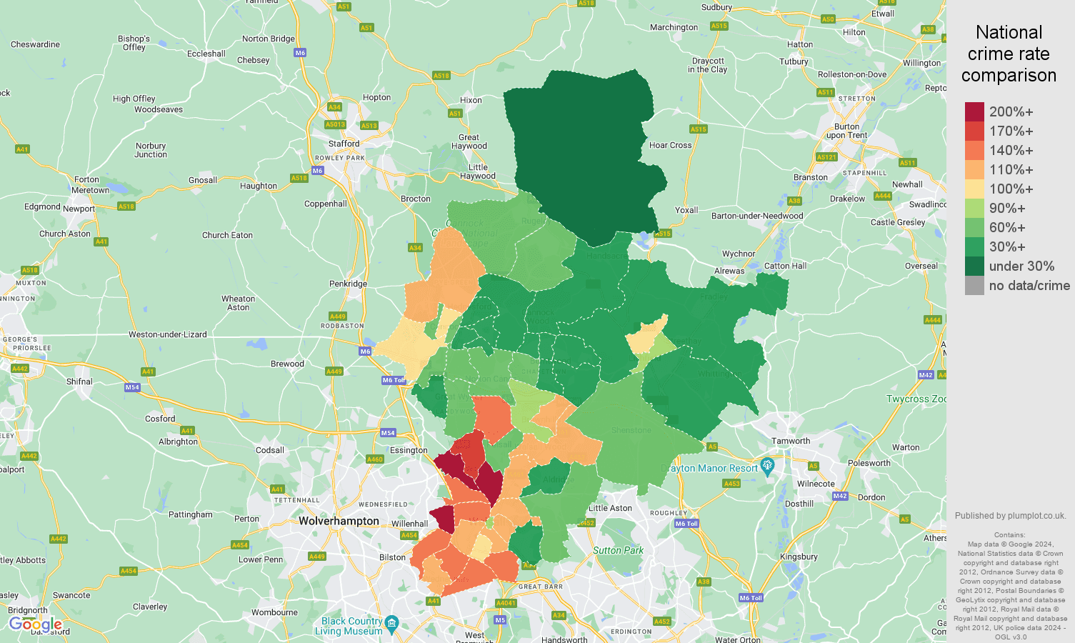 Walsall criminal damage and arson crime rate comparison map