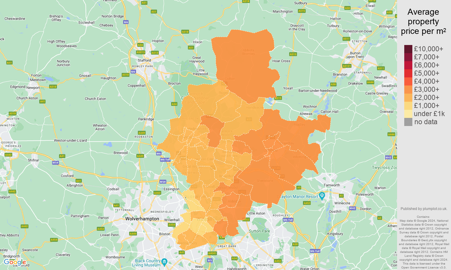 Walsall house prices per square metre map