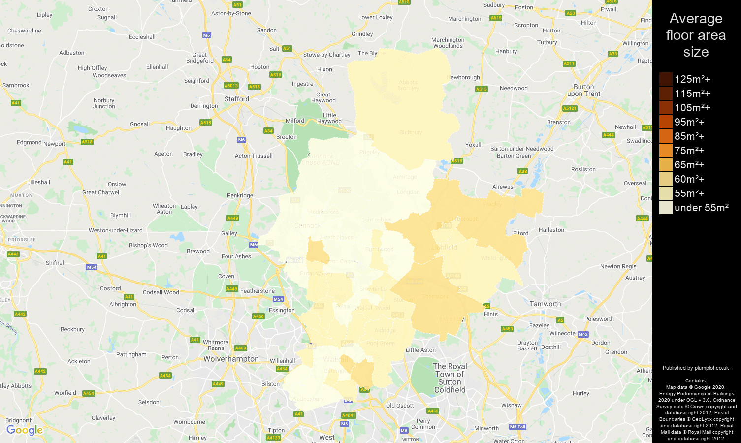Walsall map of average floor area size of flats
