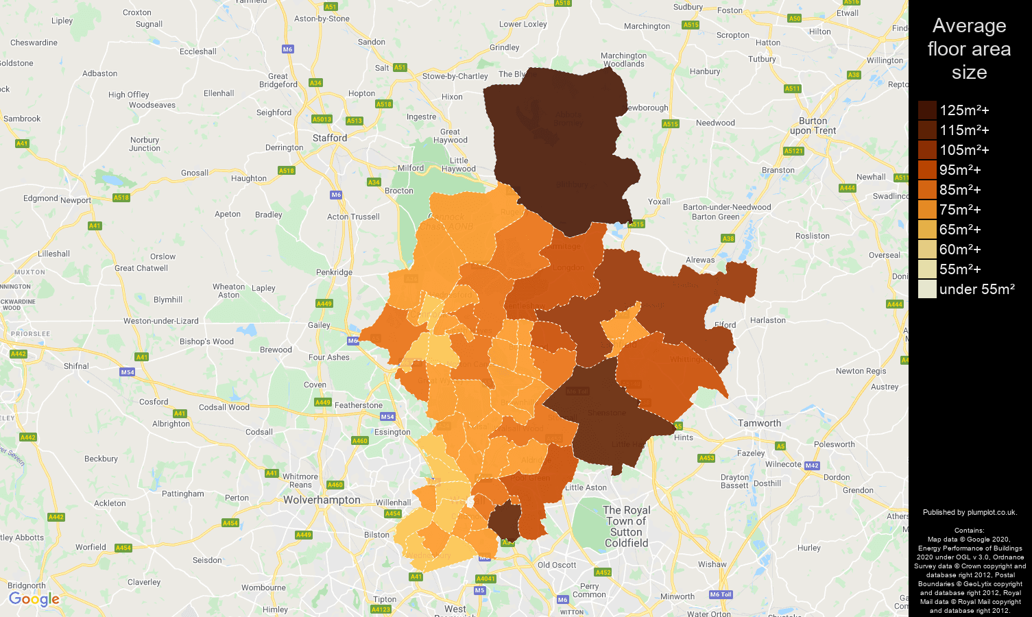 Walsall map of average floor area size of properties
