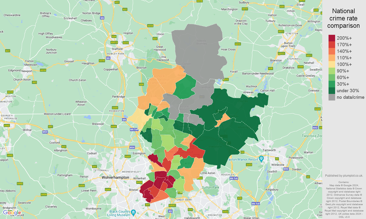 Walsall robbery crime rate comparison map