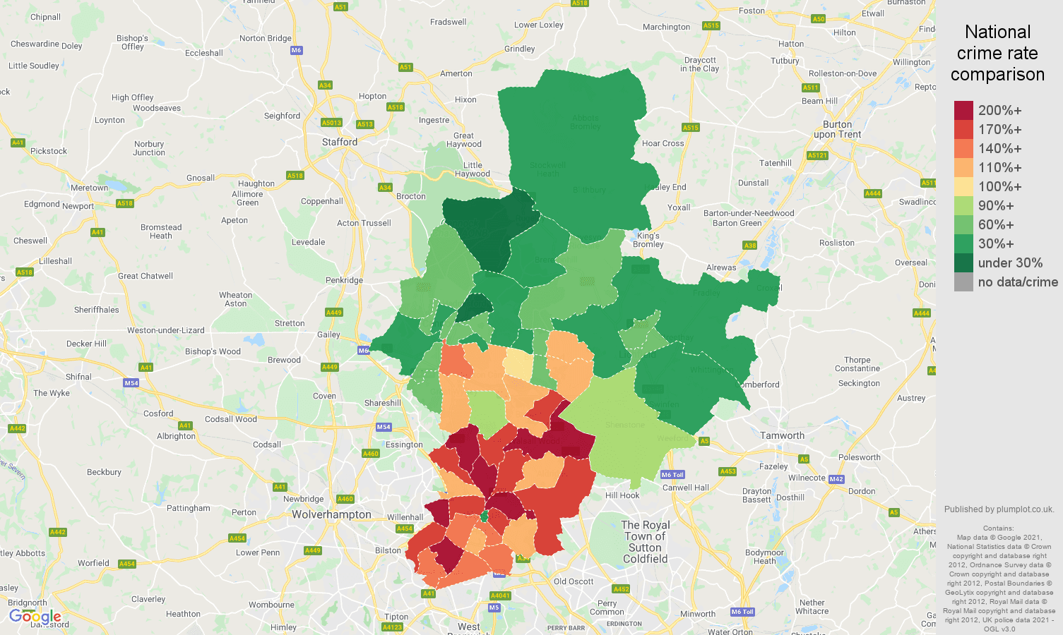 Walsall vehicle crime rate comparison map