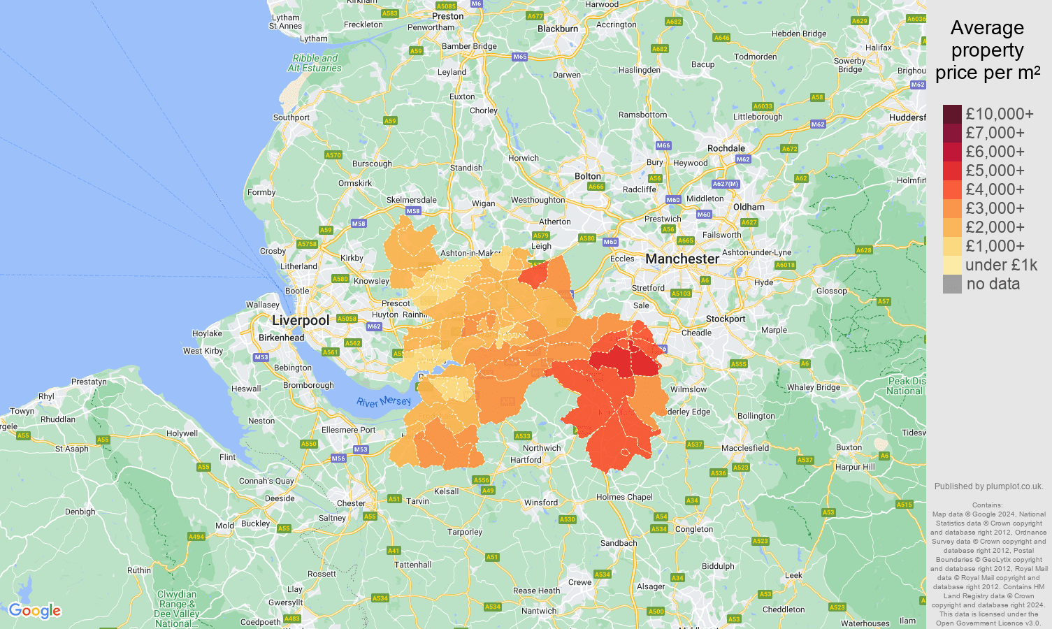 Warrington house prices per square metre map