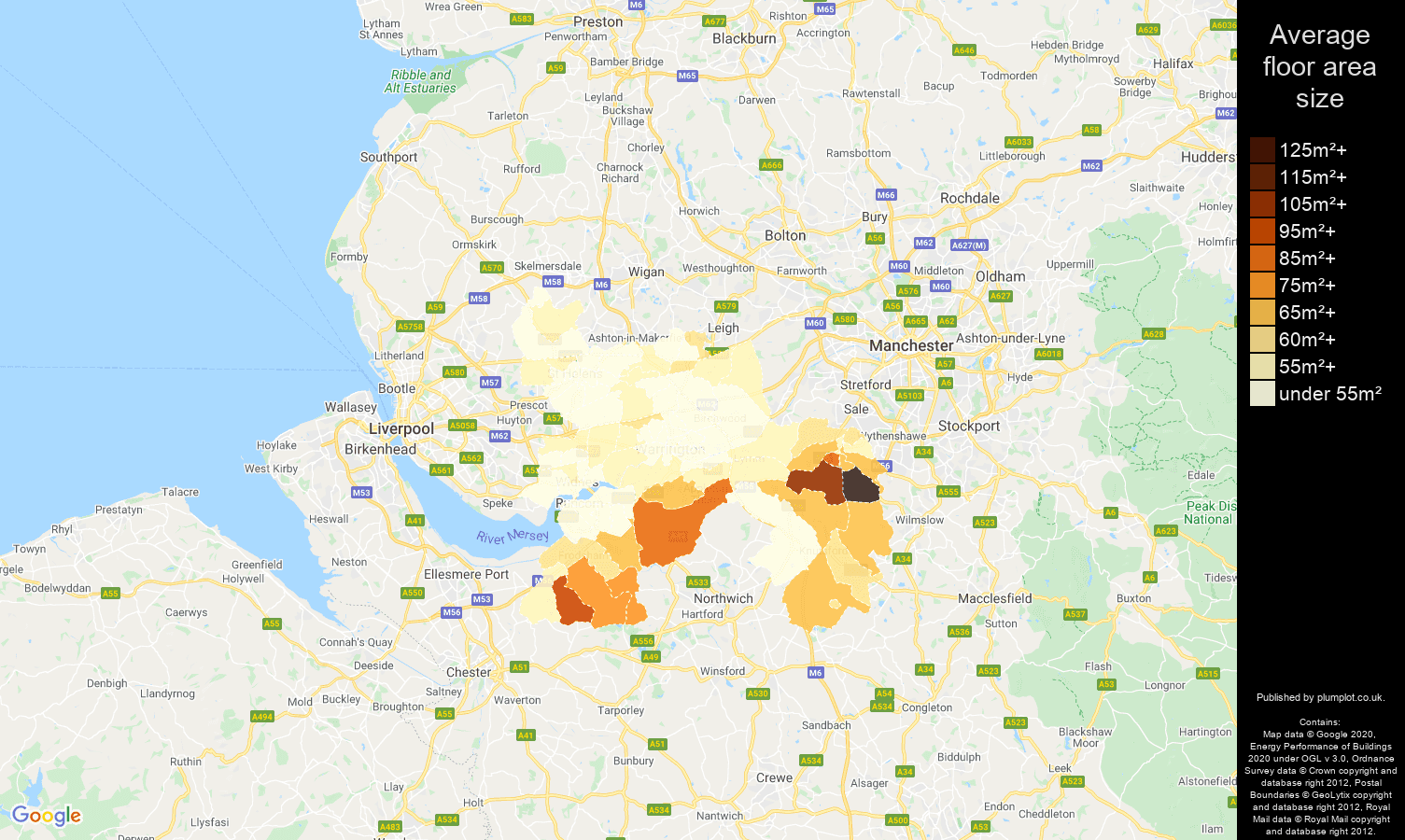 Warrington map of average floor area size of flats