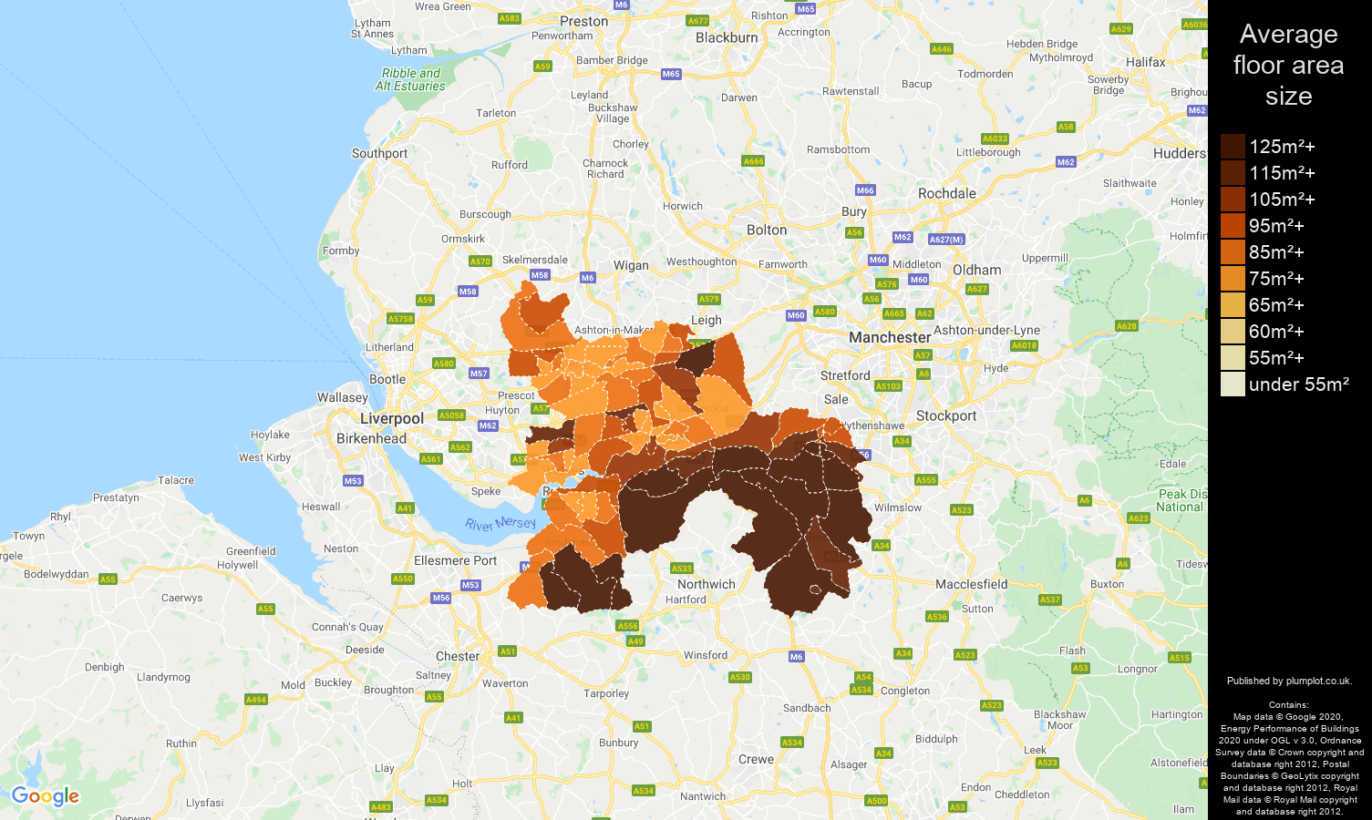 Warrington map of average floor area size of houses