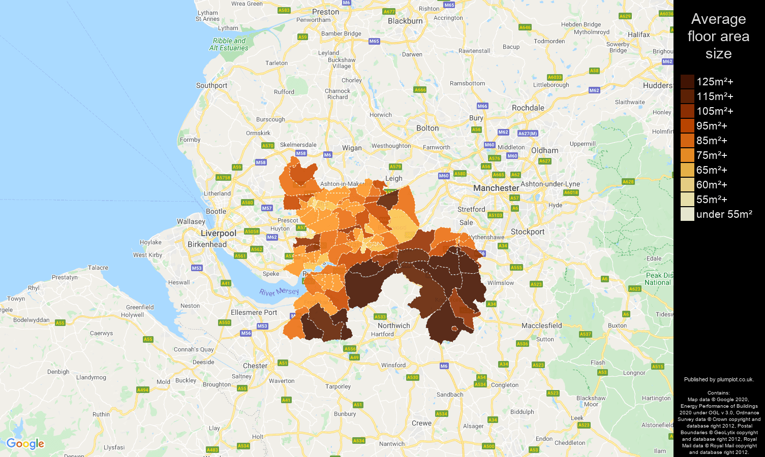 Warrington map of average floor area size of properties