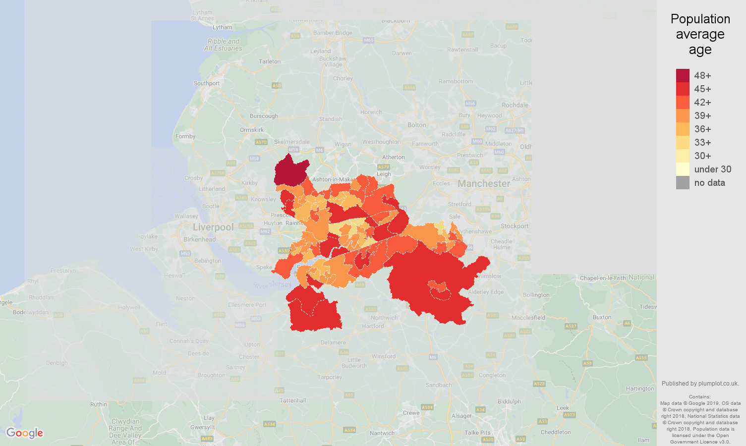 Warrington population average age map