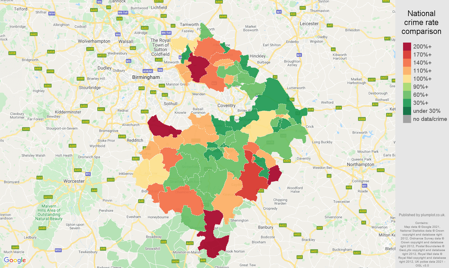 Warwickshire burglary crime rate comparison map