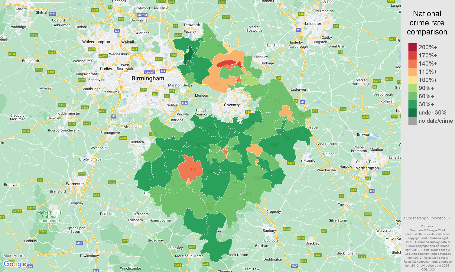 Warwickshire crime rate comparison map