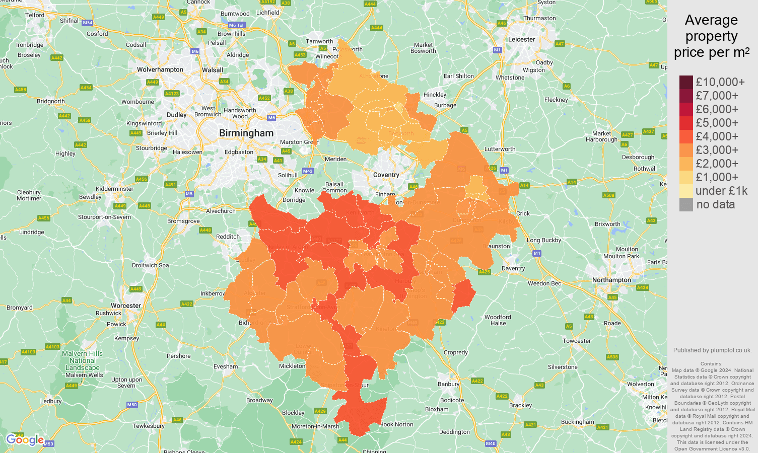 Warwickshire house prices per square metre map