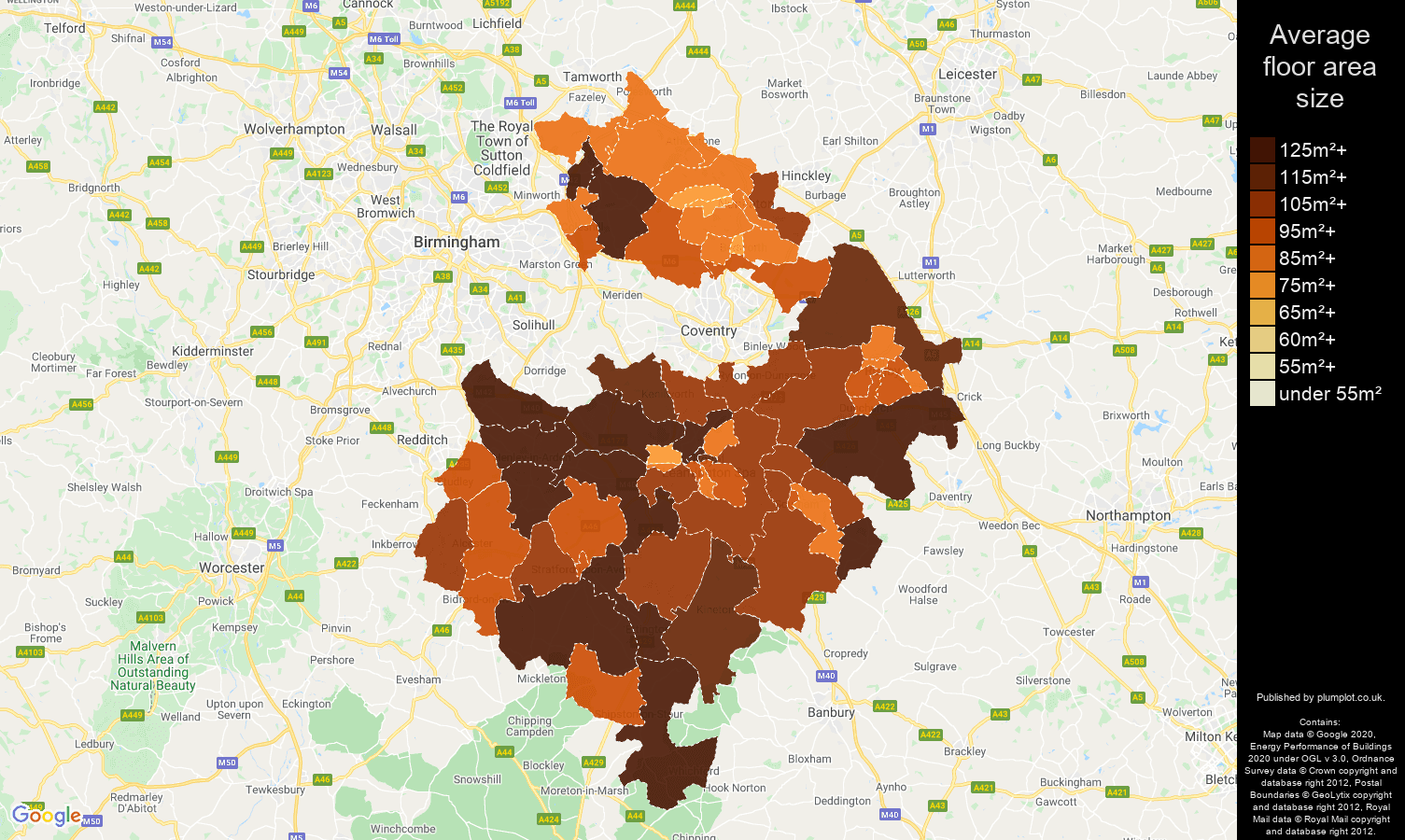 Warwickshire map of average floor area size of houses