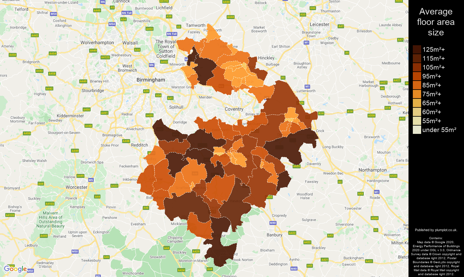 Warwickshire map of average floor area size of properties