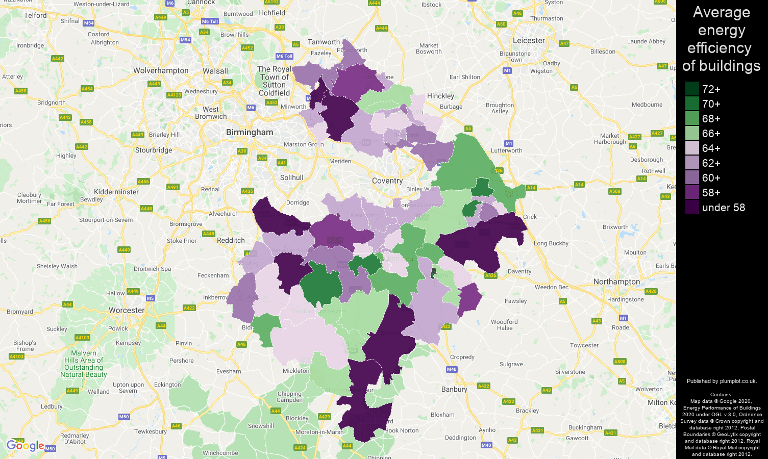 Warwickshire map of energy efficiency of properties