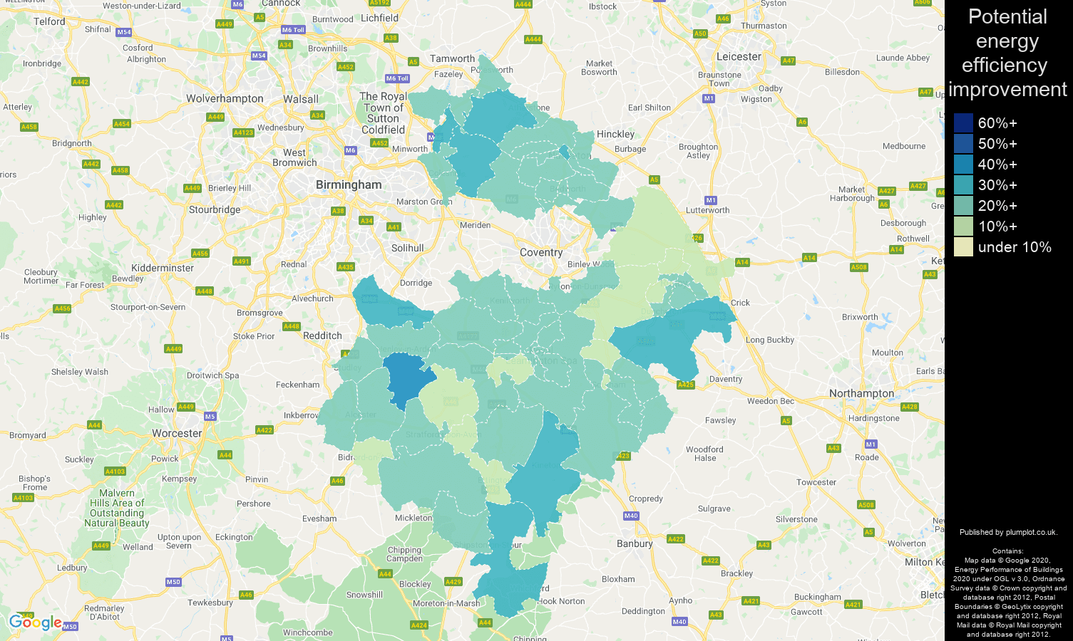 Warwickshire map of potential energy efficiency improvement of houses