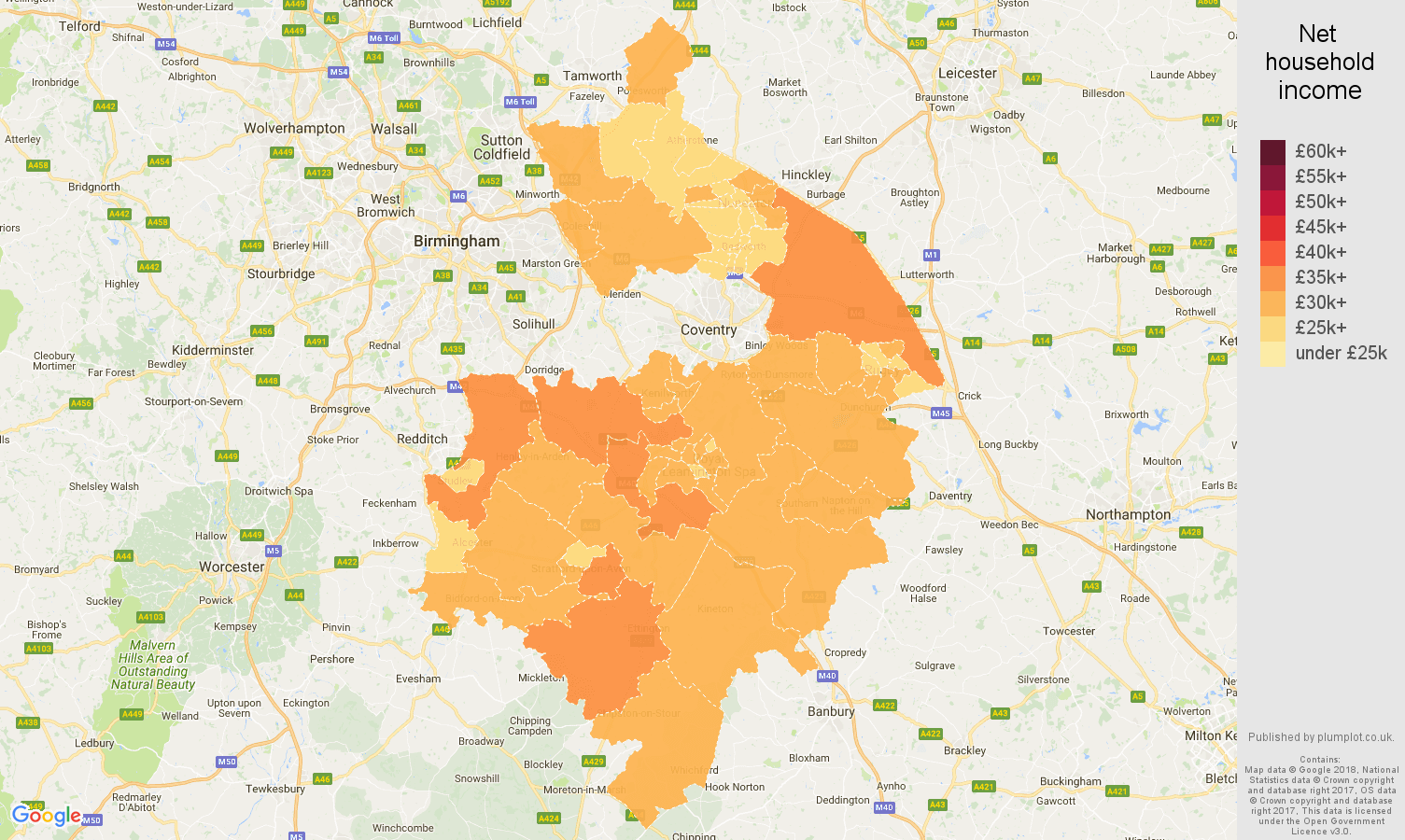 Warwickshire net household income map