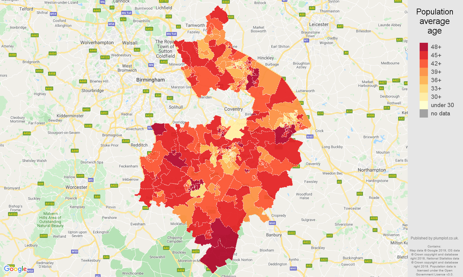 Warwickshire population average age map