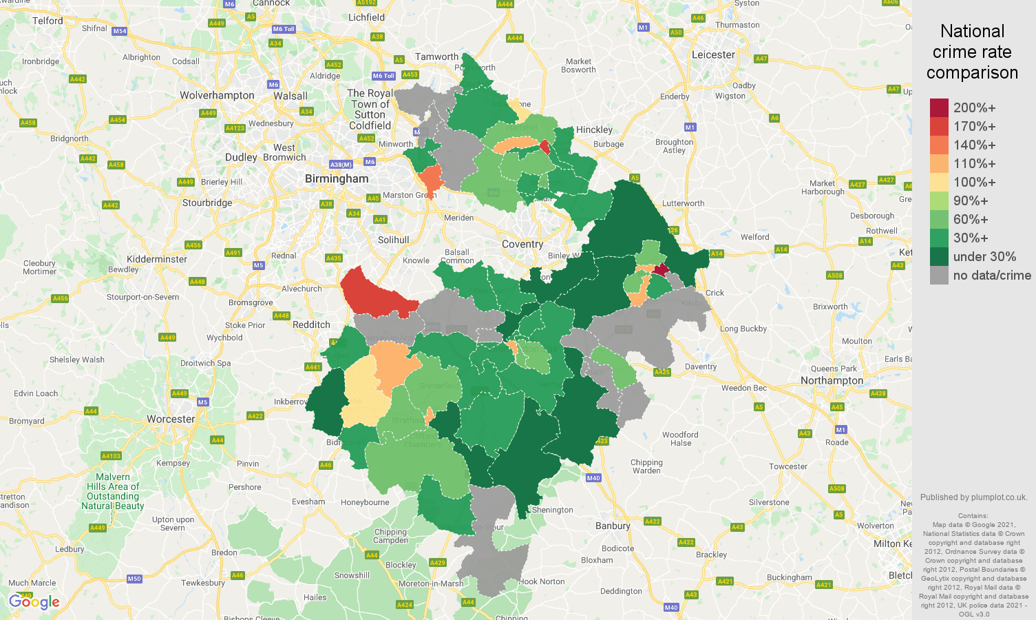 Warwickshire robbery crime rate comparison map