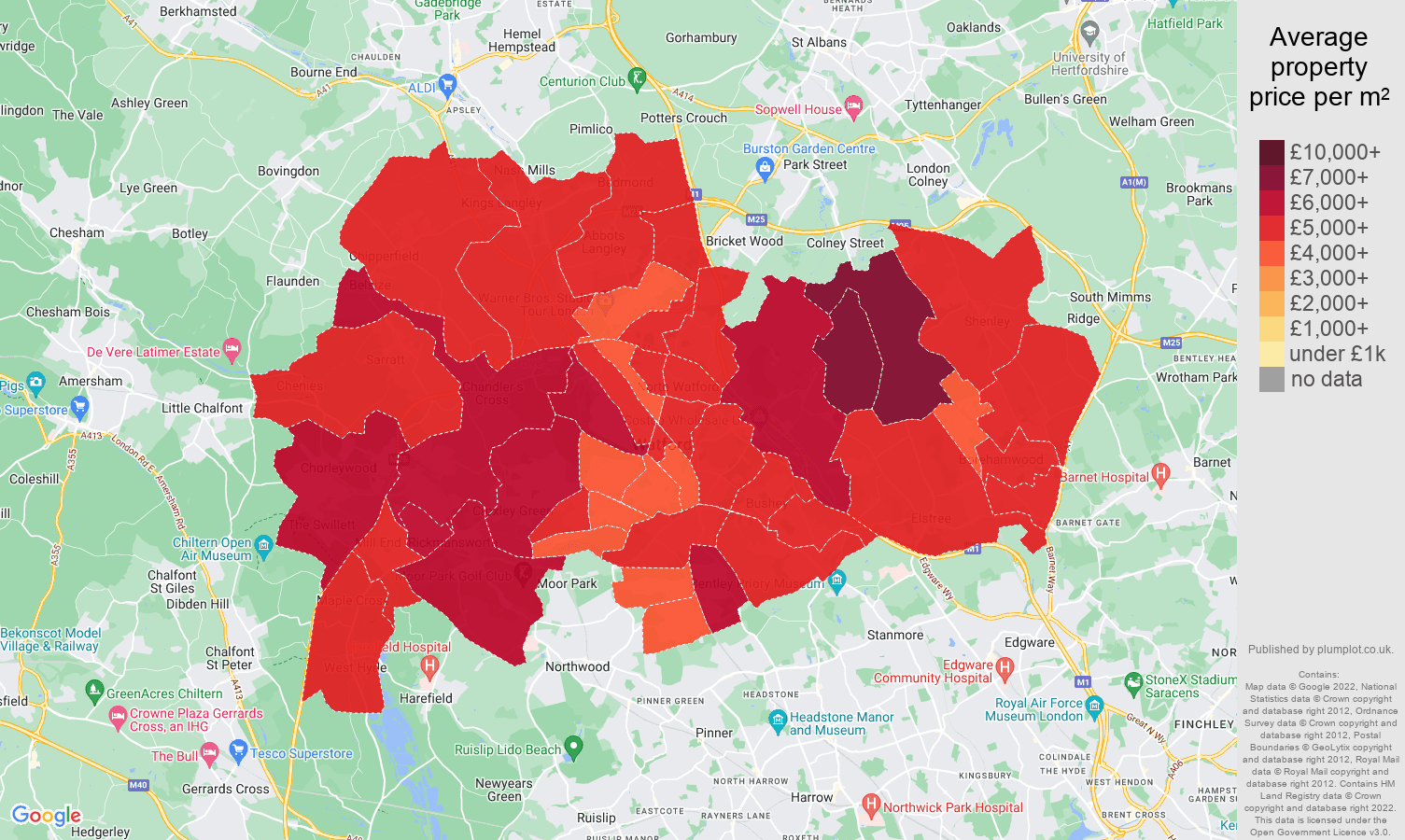Watford house prices per square metre map