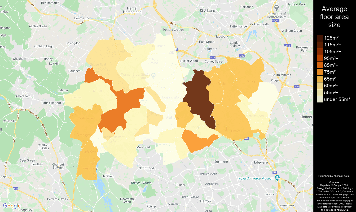 Watford map of average floor area size of flats