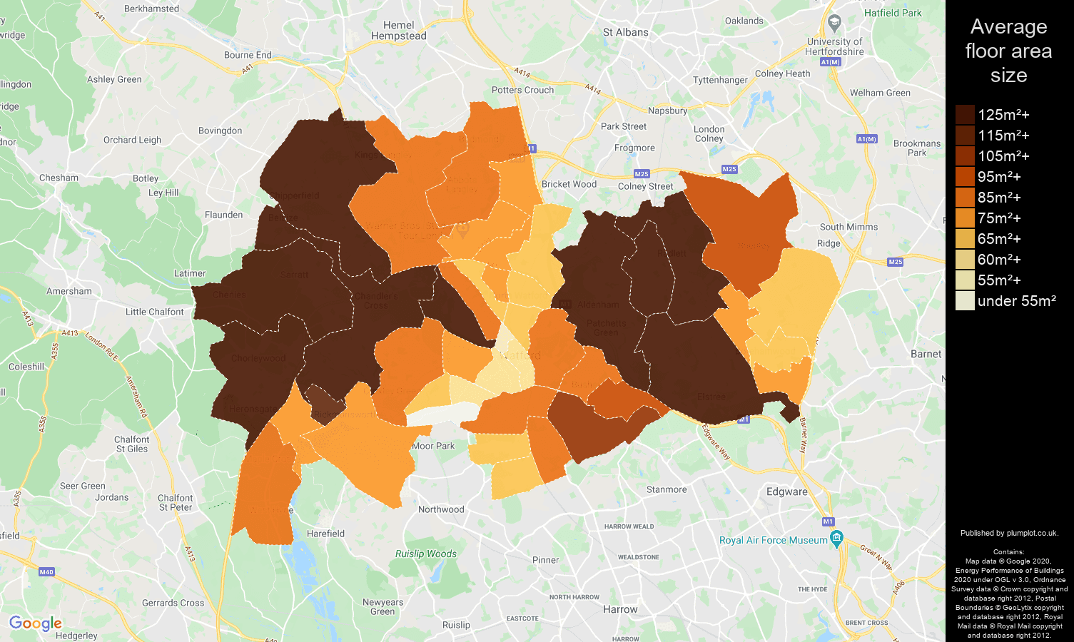 Watford map of average floor area size of properties