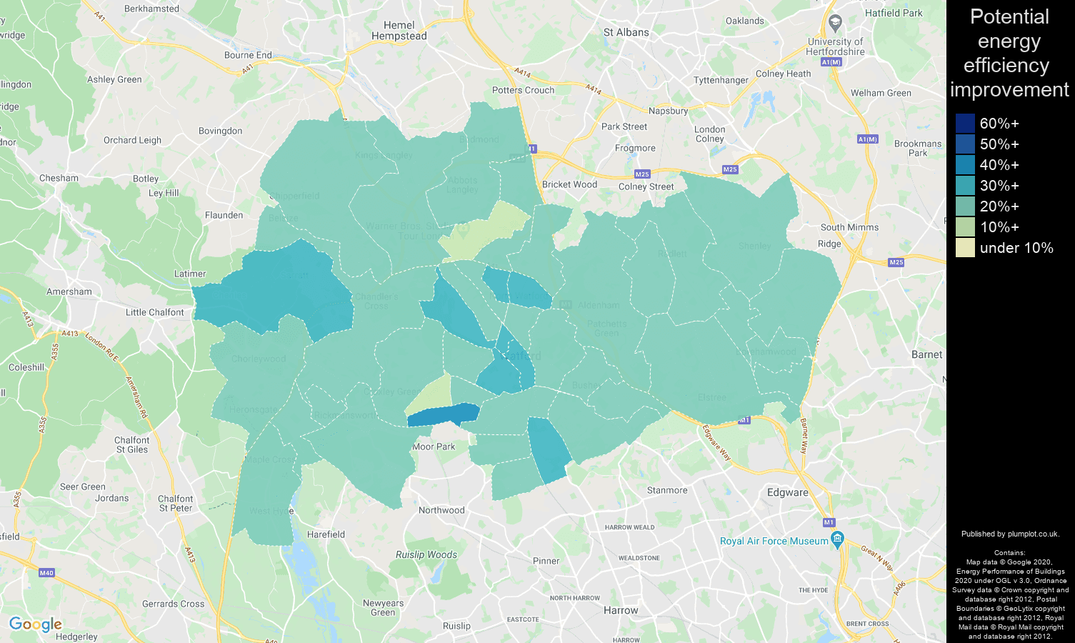 Watford map of potential energy efficiency improvement of houses
